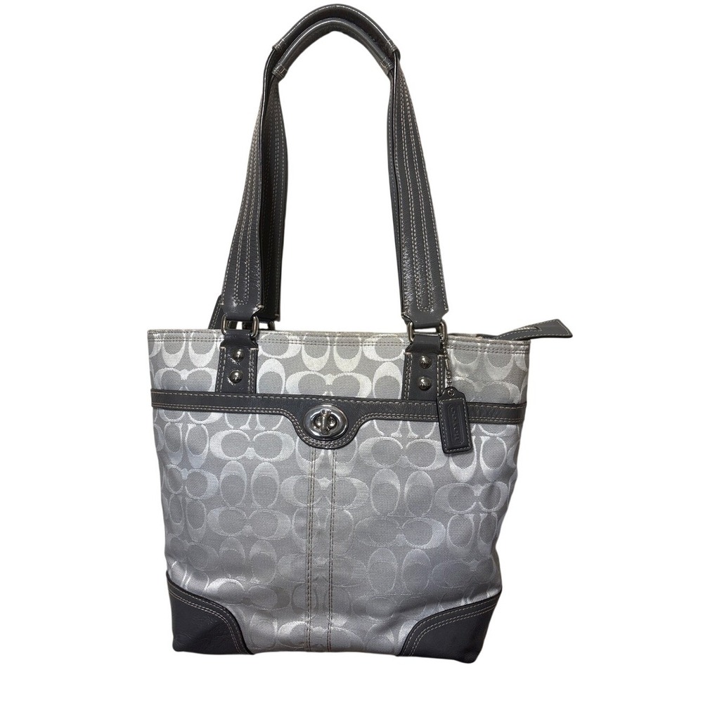 Coach Hampton Signature Tote Silver Grey Jacquard Patent Leather Bag F13973
